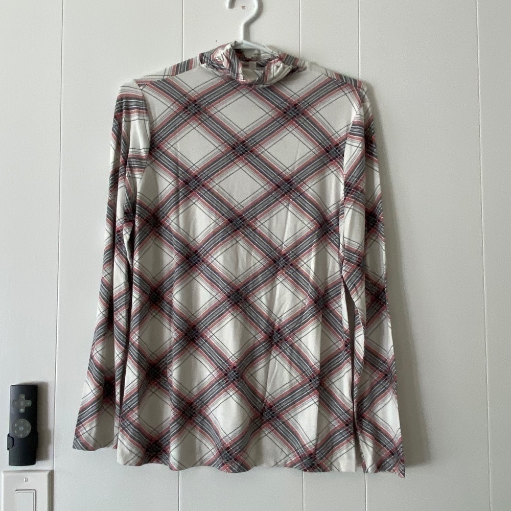 Cleo long sleeve turtle neck red, black and white plaid.  Size M